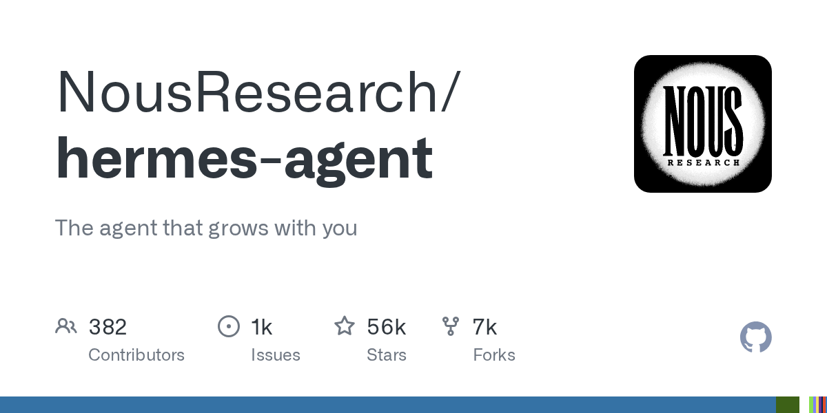 Hermes Agent GitHub 项目卡片 — 56.4k stars, MIT license
